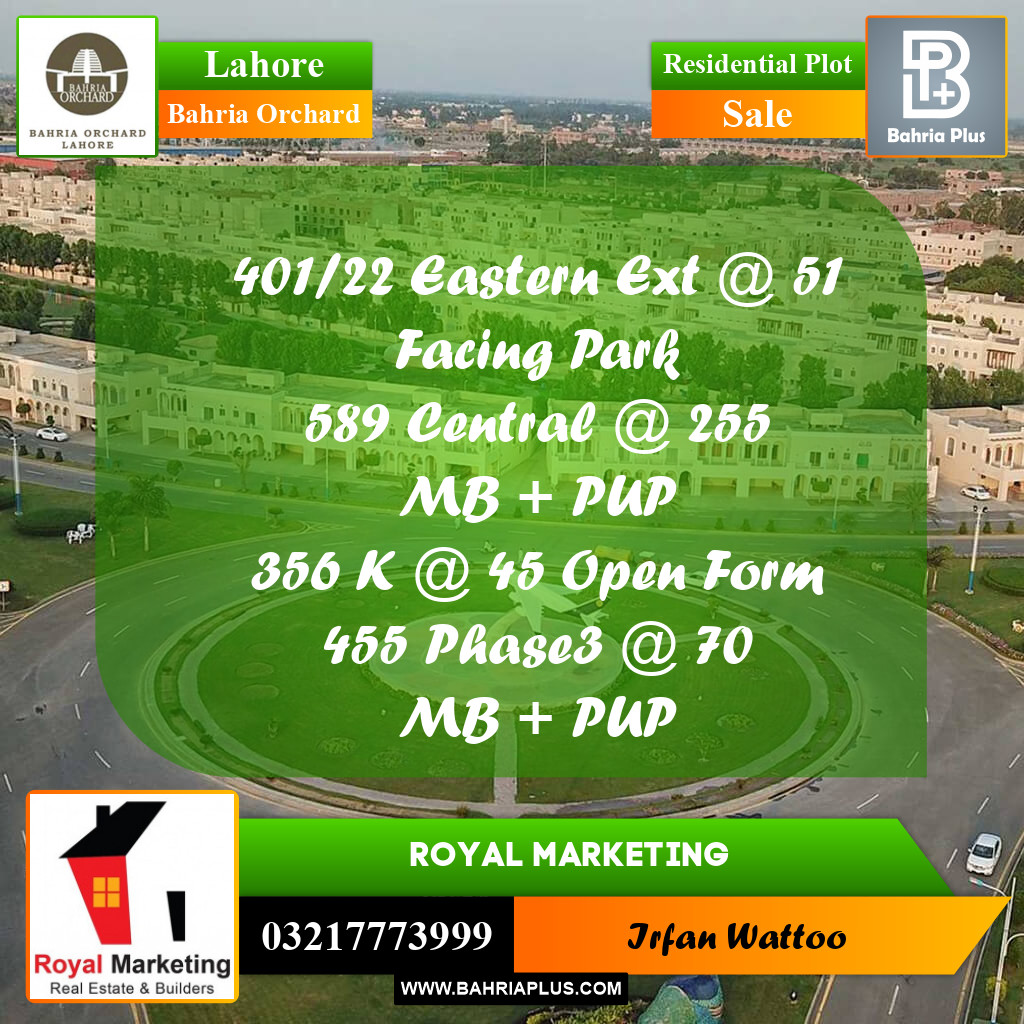 Residential Plot for Sale in Phase 1 - Eastern District Ext. I -  Bahria Orchard, Lahore - (BP-159339)