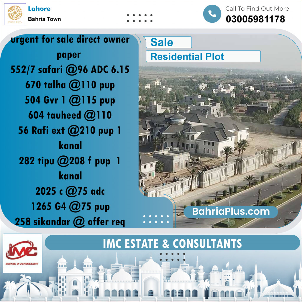 Residential Plot for Sale in Sector F - Talha Block -  Bahria Town, Lahore - (BP-159347)