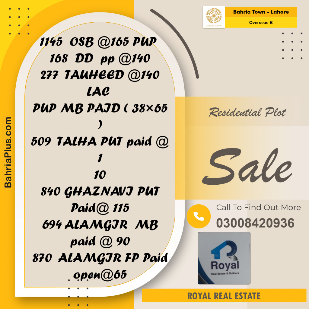 Residential Plot for Sale in Overseas B -  Bahria Town, Lahore - (BP-159461)