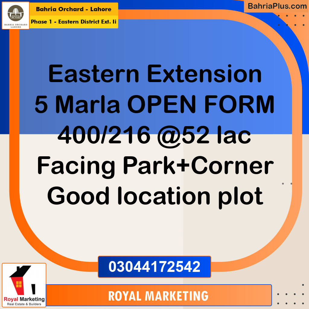 Residential Plot for Sale in Phase 1 - Eastern District Ext. II -  Bahria Orchard, Lahore - (BP-159561)