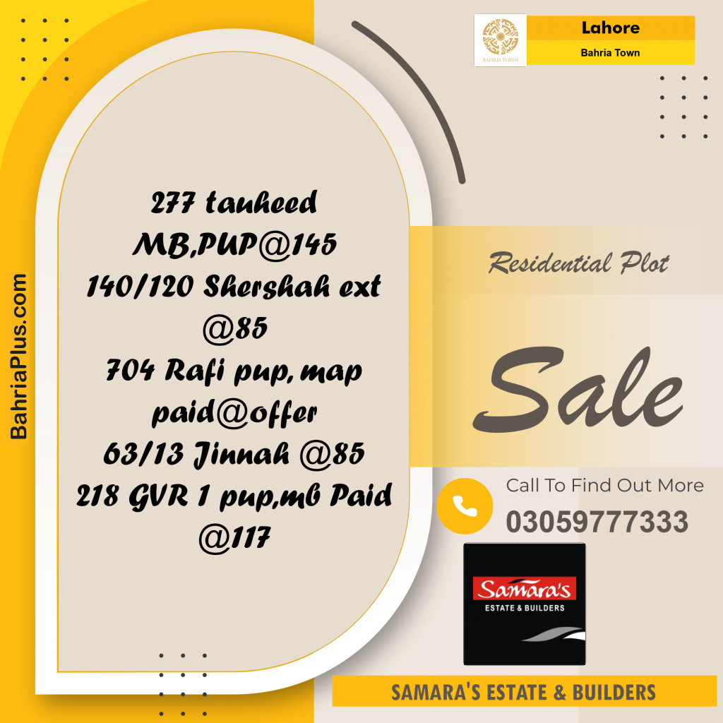 Residential Plot for Sale in Sector F - Tauheed Block -  Bahria Town, Lahore - (BP-159607)