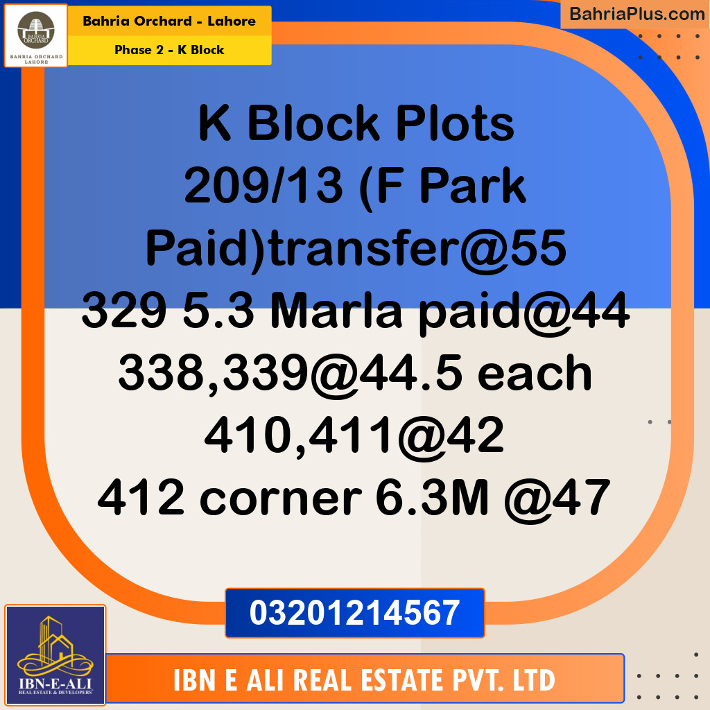 Residential Plot for Sale in Phase 2 - K Block -  Bahria Orchard, Lahore - (BP-159748)