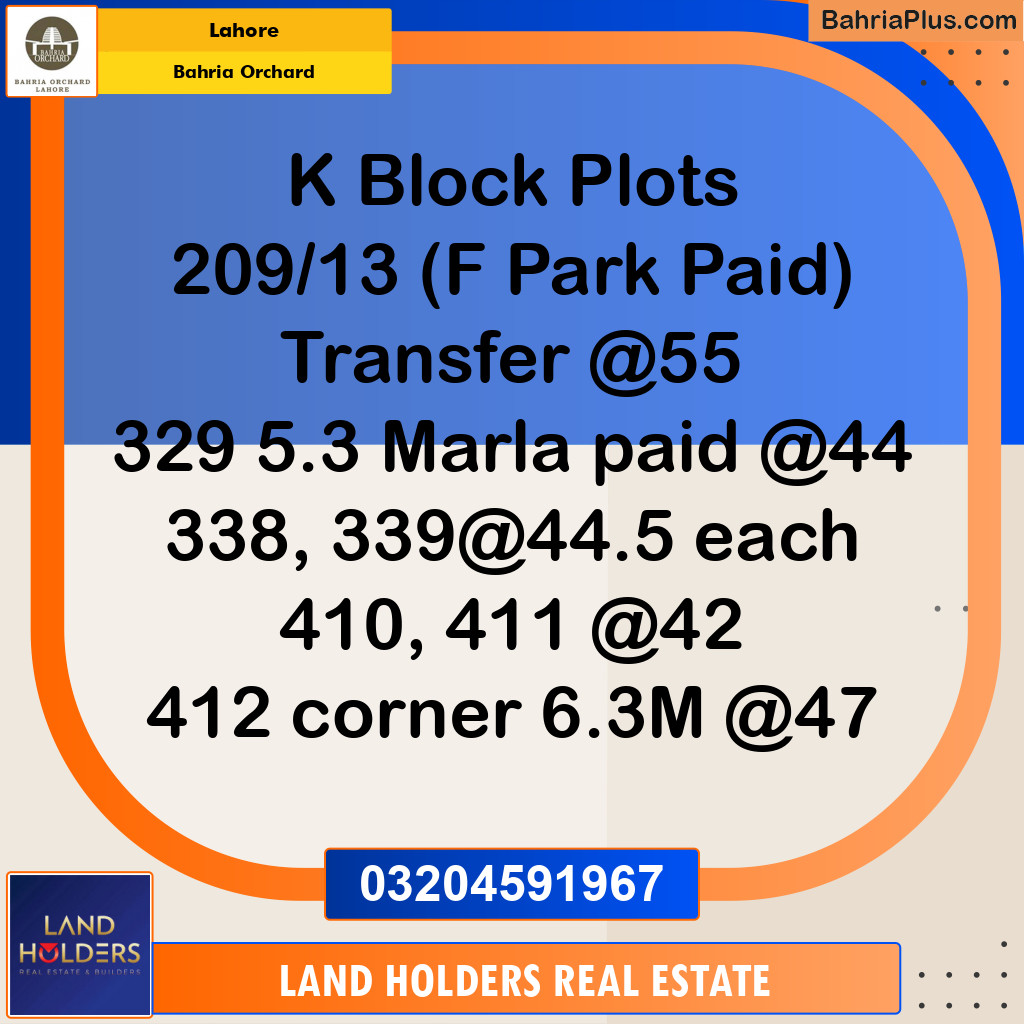 Residential Plot for Sale in Phase 2 - K Block -  Bahria Orchard, Lahore - (BP-159764)
