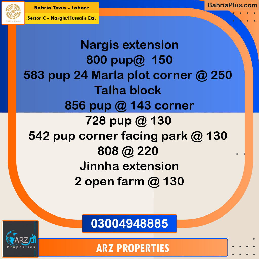 Residential Plot for Sale in Sector C - Nargis/Hussain Ext. -  Bahria Town, Lahore - (BP-160132)
