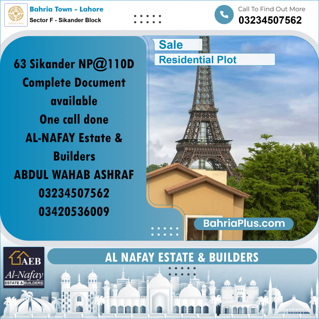 Residential Plot for Sale in Sector F - Sikander Block -  Bahria Town, Lahore - (BP-160165)