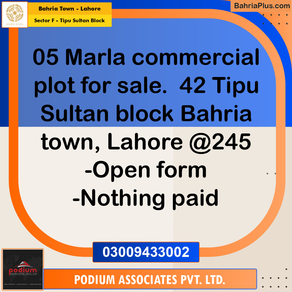 Residential Plot for Sale in Sector F - Tipu Sultan Block -  Bahria Town, Lahore - (BP-160292)
