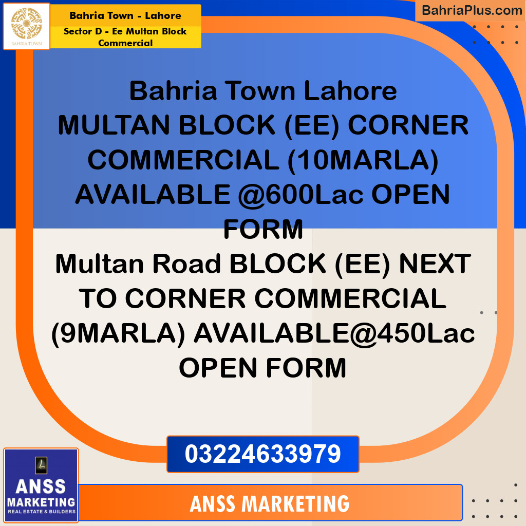 Commercial Plot for Sale in Sector D - EE Multan Block Commercial -  Bahria Town, Lahore - (BP-160297)