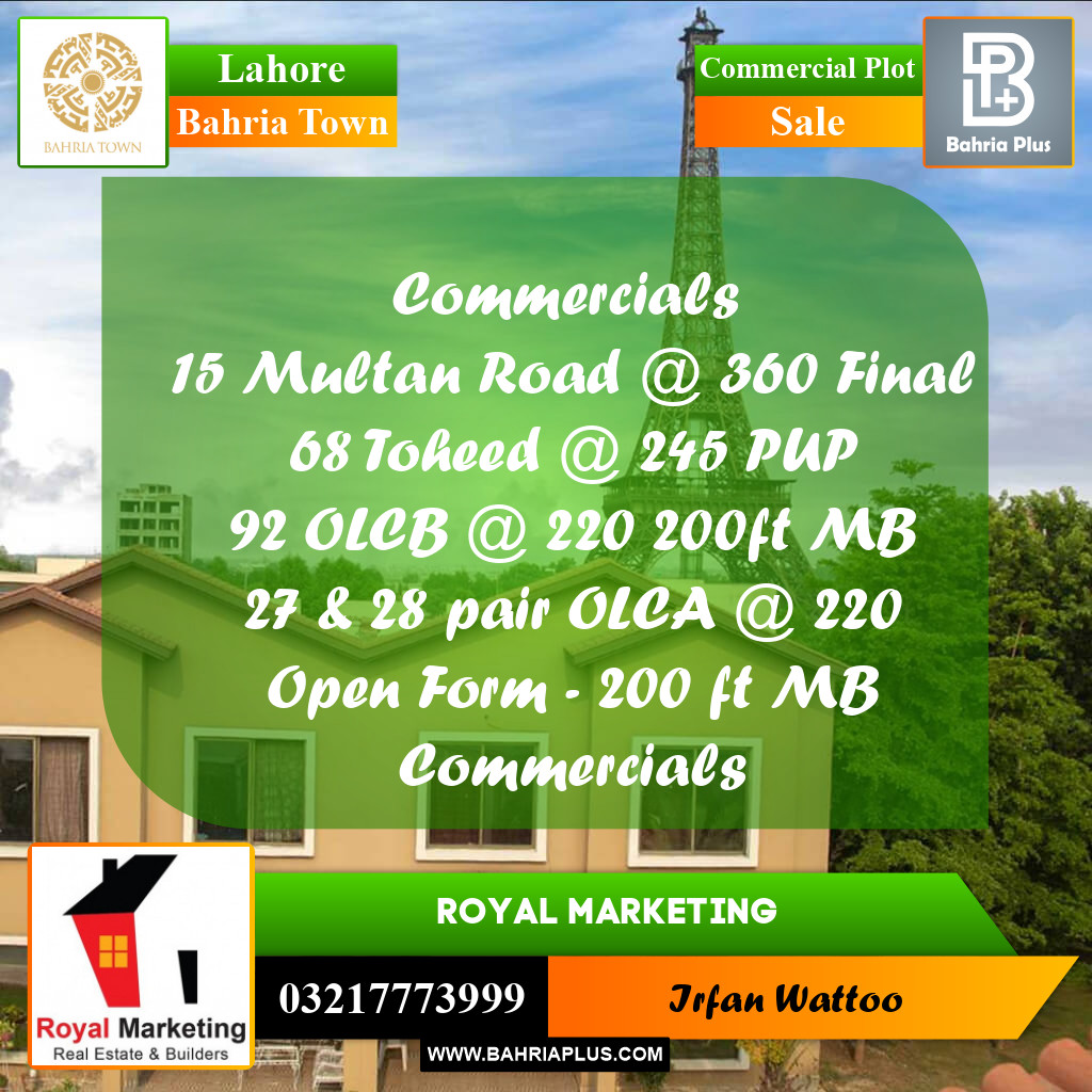 Commercial Plot for Sale in Sector D - EE Multan Block Commercial -  Bahria Town, Lahore - (BP-160305)