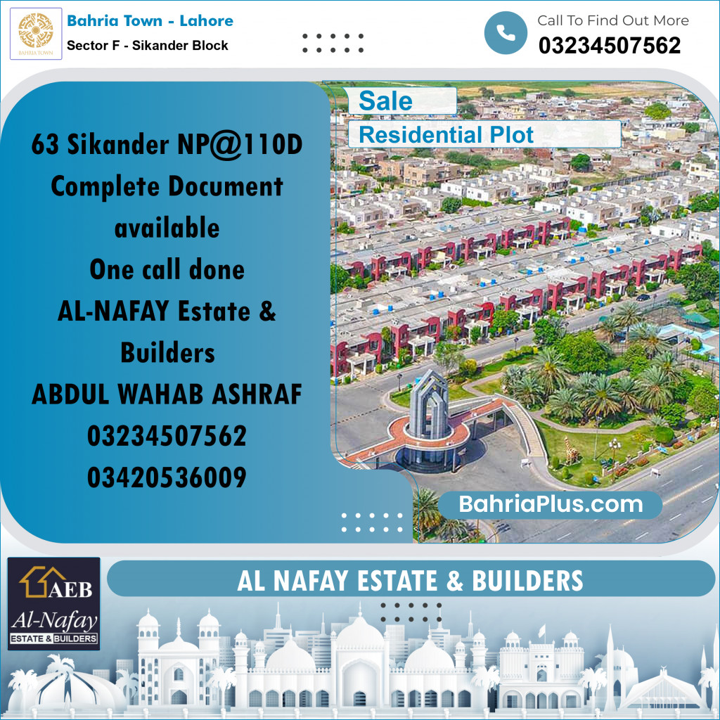 Residential Plot for Sale in Sector F - Sikander Block -  Bahria Town, Lahore - (BP-160323)