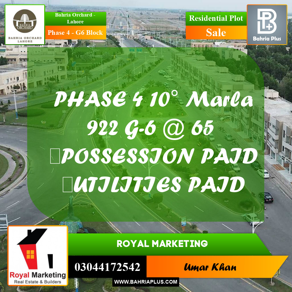 Residential Plot for Sale in Phase 4 - G6 Block -  Bahria Orchard, Lahore - (BP-160327)