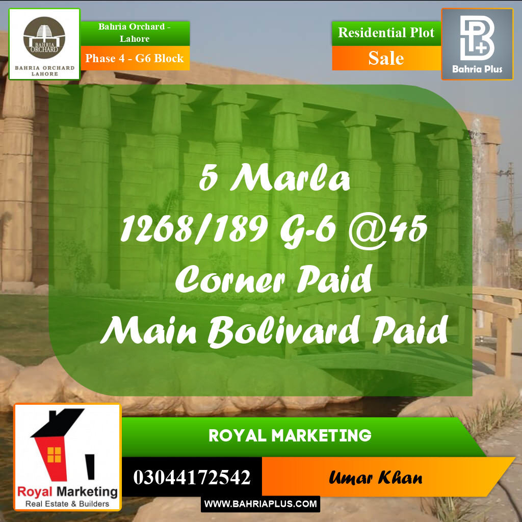 Residential Plot for Sale in Phase 4 - G6 Block -  Bahria Orchard, Lahore - (BP-160332)