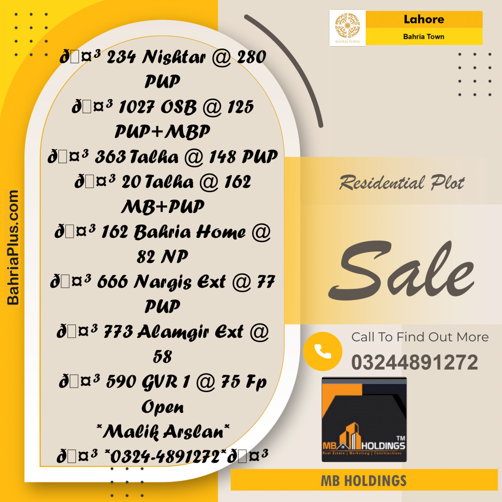 Residential Plot for Sale in Sector E - Nishtar Block -  Bahria Town, Lahore - (BP-160362)