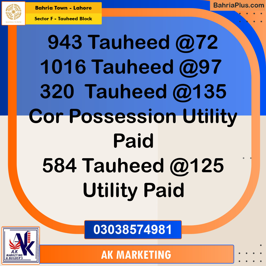 Residential Plot for Sale in Sector F - Tauheed Block -  Bahria Town, Lahore - (BP-160494)