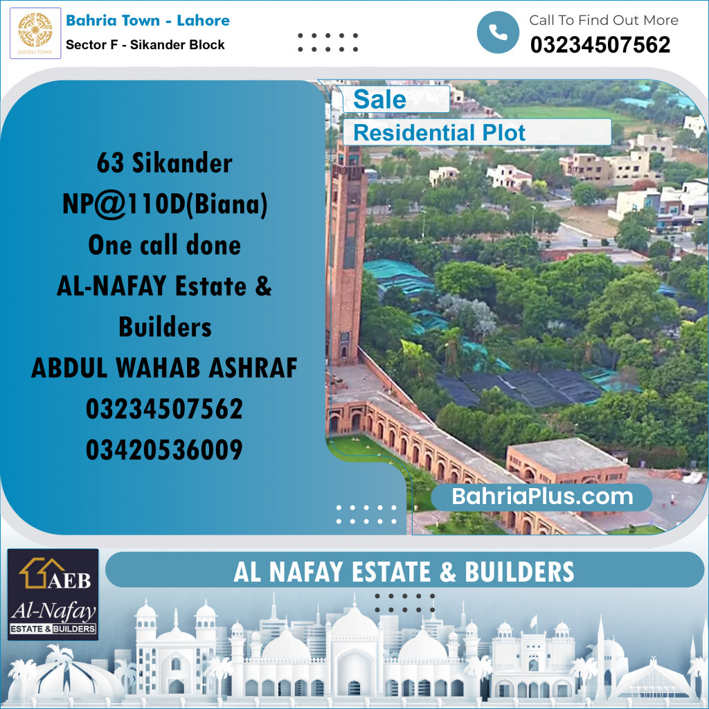 Residential Plot for Sale in Sector F - Sikander Block -  Bahria Town, Lahore - (BP-160576)