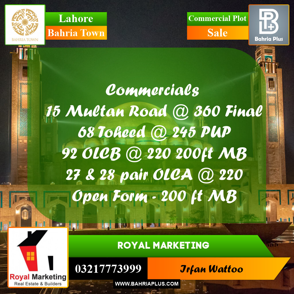 Commercial Plot for Sale in Sector D - EE Multan Block Commercial -  Bahria Town, Lahore - (BP-160787)