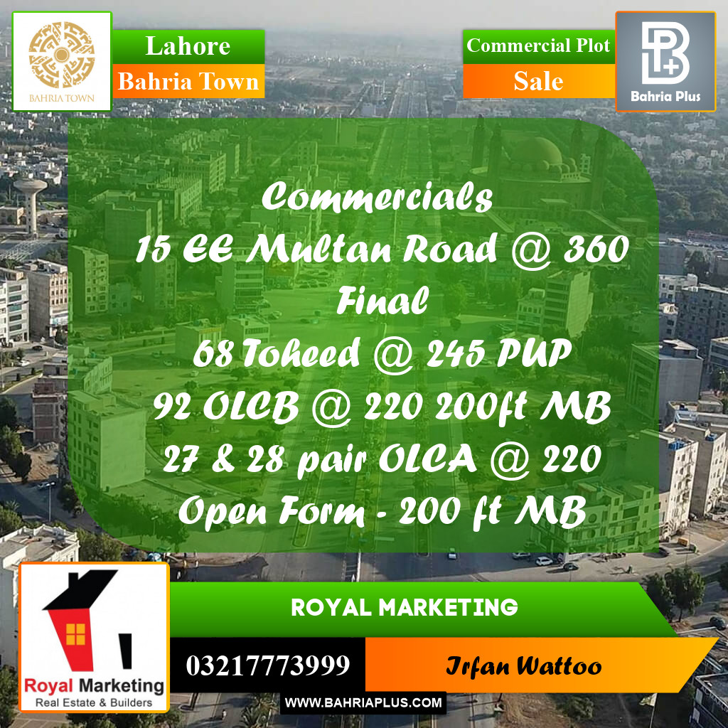 Commercial Plot for Sale in Sector D - EE Multan Block -  Bahria Town, Lahore - (BP-160930)