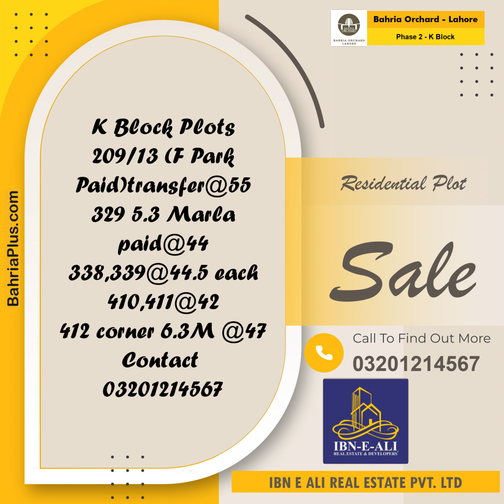 Residential Plot for Sale in Phase 2 - K Block -  Bahria Orchard, Lahore - (BP-161021)