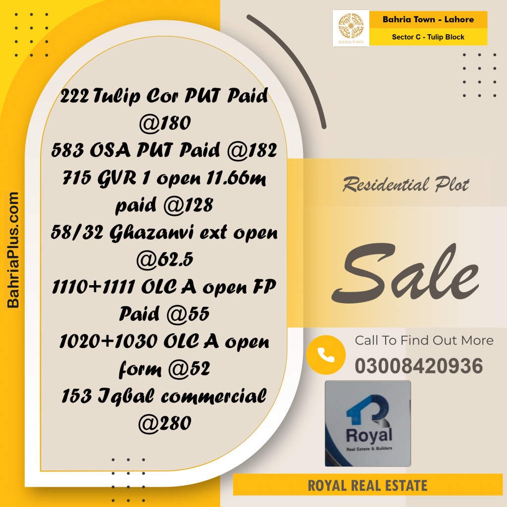 Residential Plot for Sale in Sector C - Tulip Block -  Bahria Town, Lahore - (BP-161067)