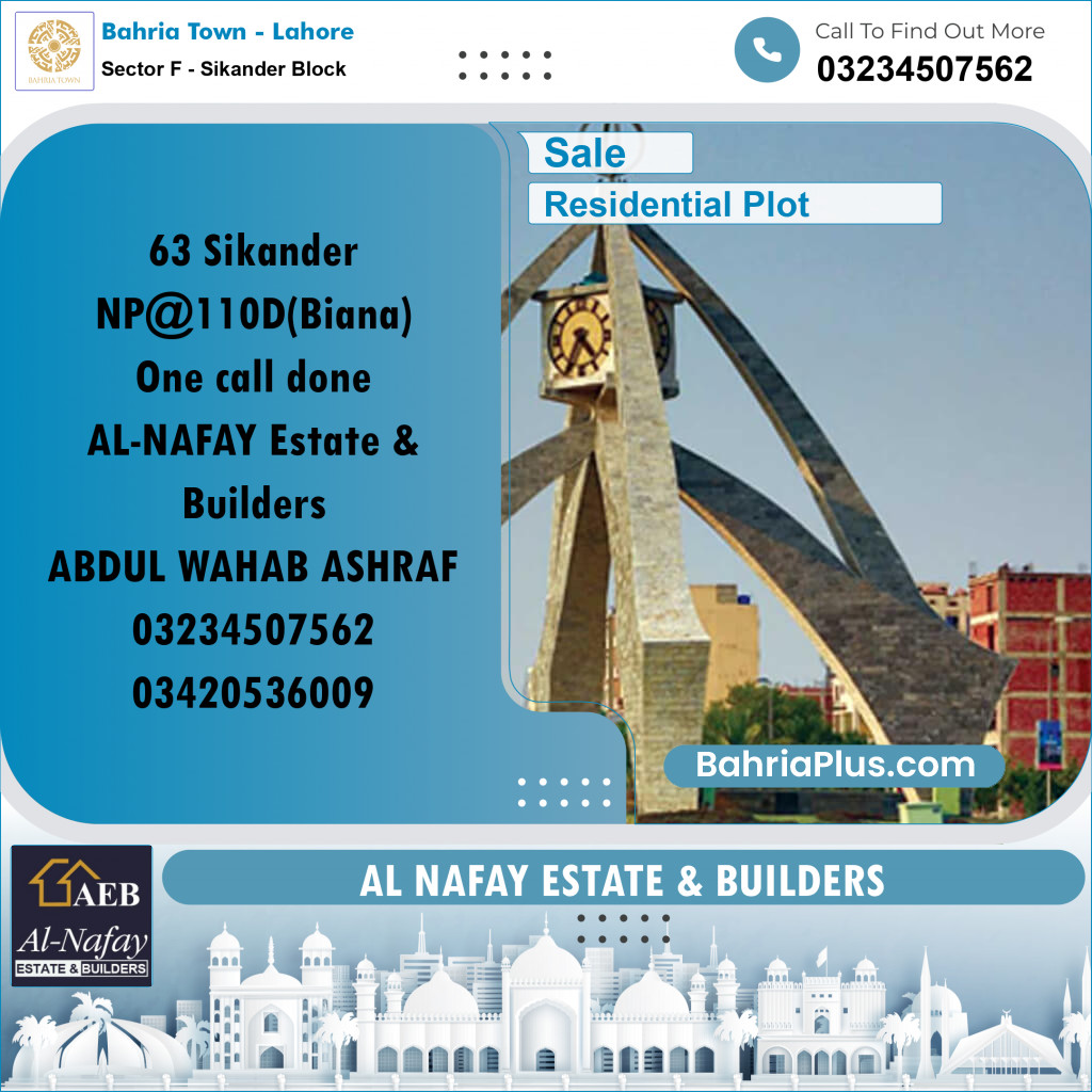 Residential Plot for Sale in Sector F - Sikander Block -  Bahria Town, Lahore - (BP-161116)
