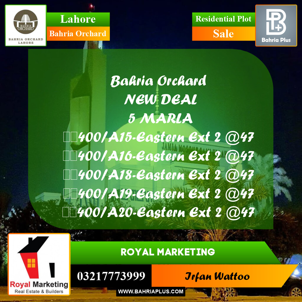 Residential Plot for Sale in Phase 1 - Eastern District Ext. II -  Bahria Orchard, Lahore - (BP-161419)