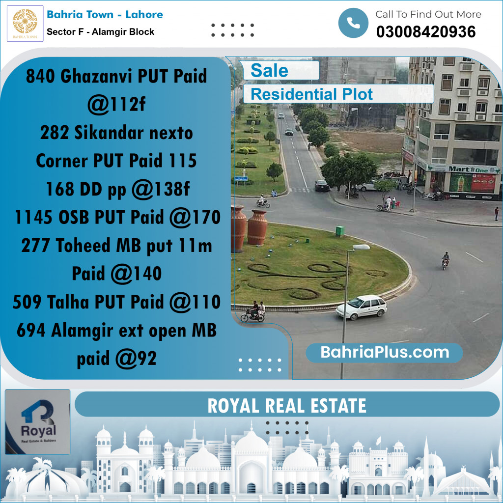 Residential Plot for Sale in Sector F - Alamgir Block -  Bahria Town, Lahore - (BP-161452)