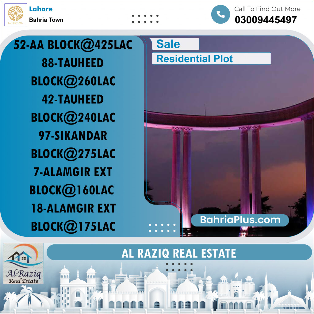 Residential Plot for Sale in Sector F - Tauheed Block -  Bahria Town, Lahore - (BP-161504)