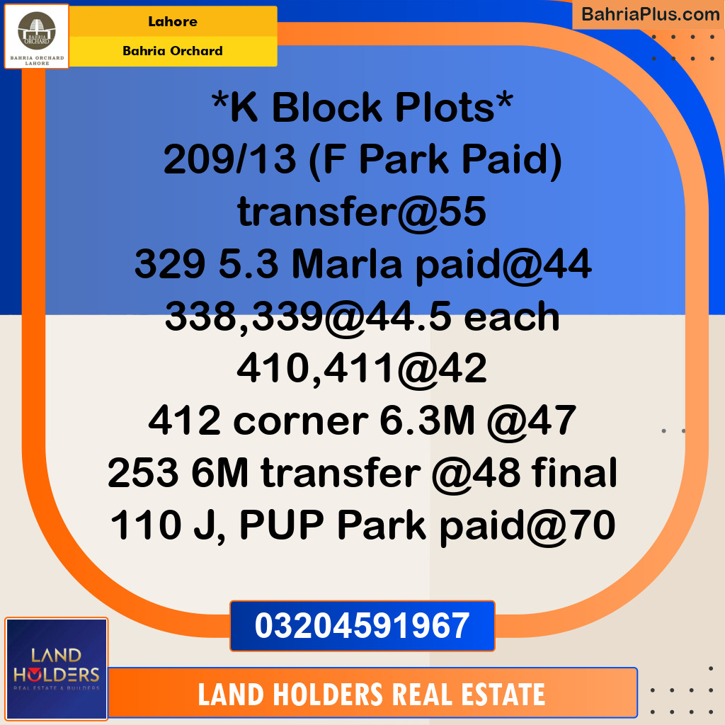Residential Plot for Sale in Phase 2 - K Block -  Bahria Orchard, Lahore - (BP-161689)