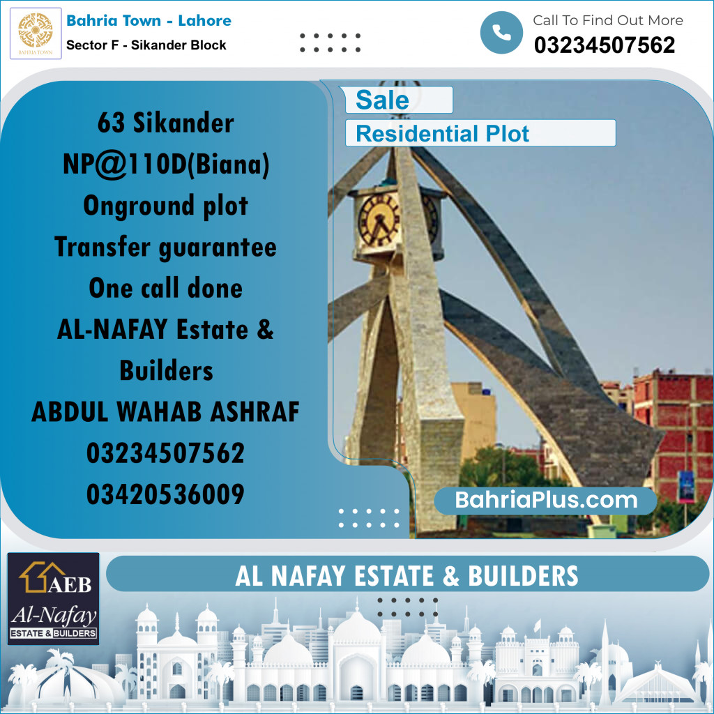 Residential Plot for Sale in Sector F - Sikander Block -  Bahria Town, Lahore - (BP-161757)