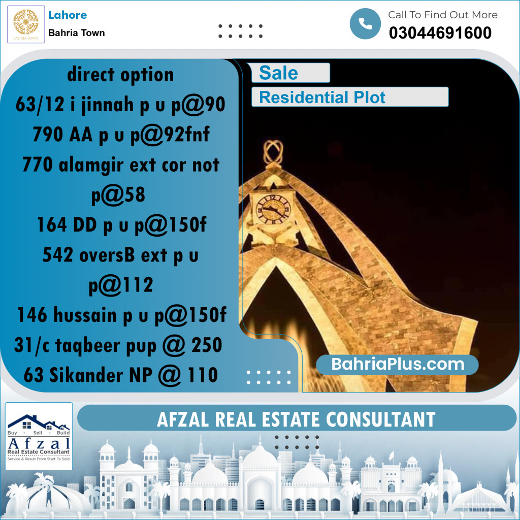 Residential Plot for Sale in Sector E - Jinnah Block -  Bahria Town, Lahore - (BP-161799)