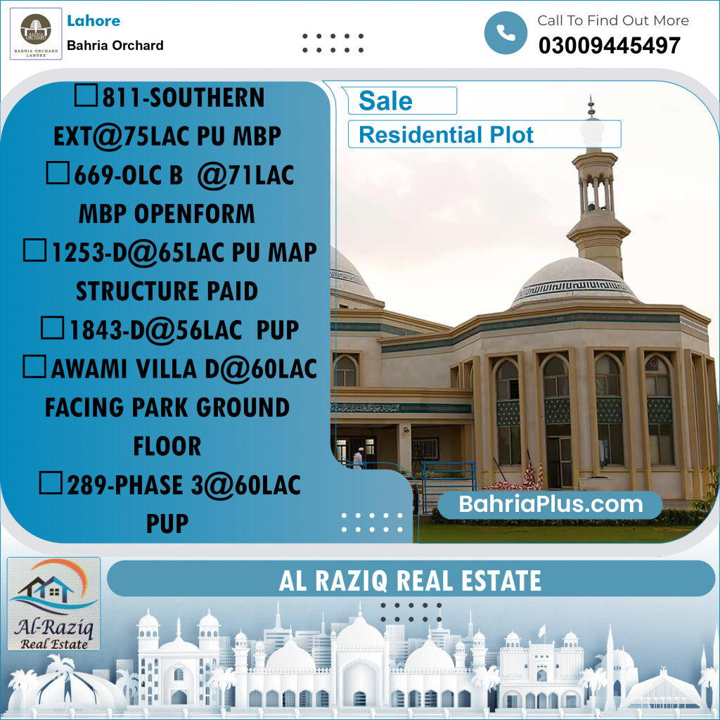 Residential Plot for Sale in Phase 1 - Southern District -  Bahria Orchard, Lahore - (BP-161910)