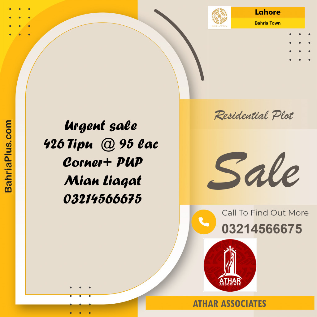Residential Plot for Sale in Sector F - Tipu Sultan Block -  Bahria Town, Lahore - (BP-161931)