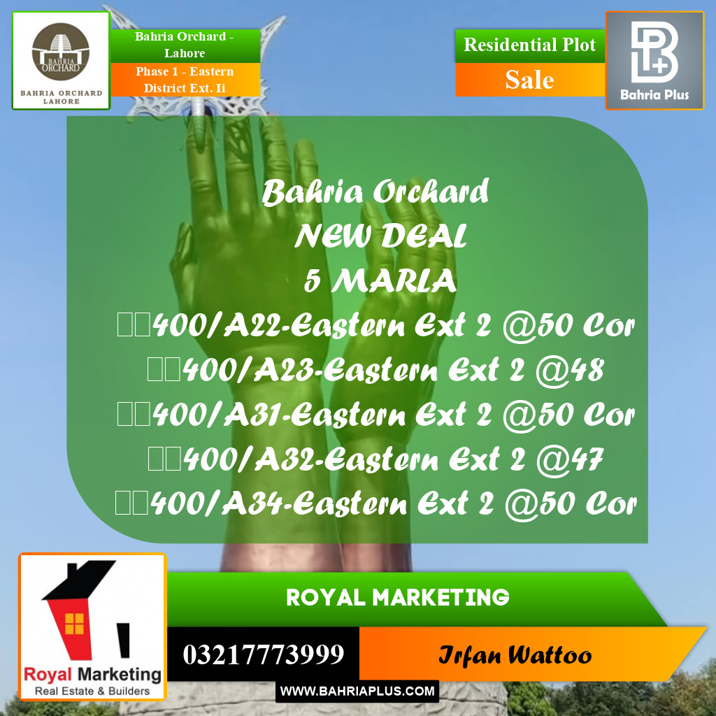 Residential Plot for Sale in Phase 1 - Eastern District Ext. II -  Bahria Orchard, Lahore - (BP-161996)