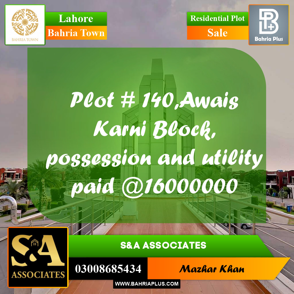Residential Plot for Sale in Sector B - Awais Qarni -  Bahria Town, Lahore - (BP-162164)
