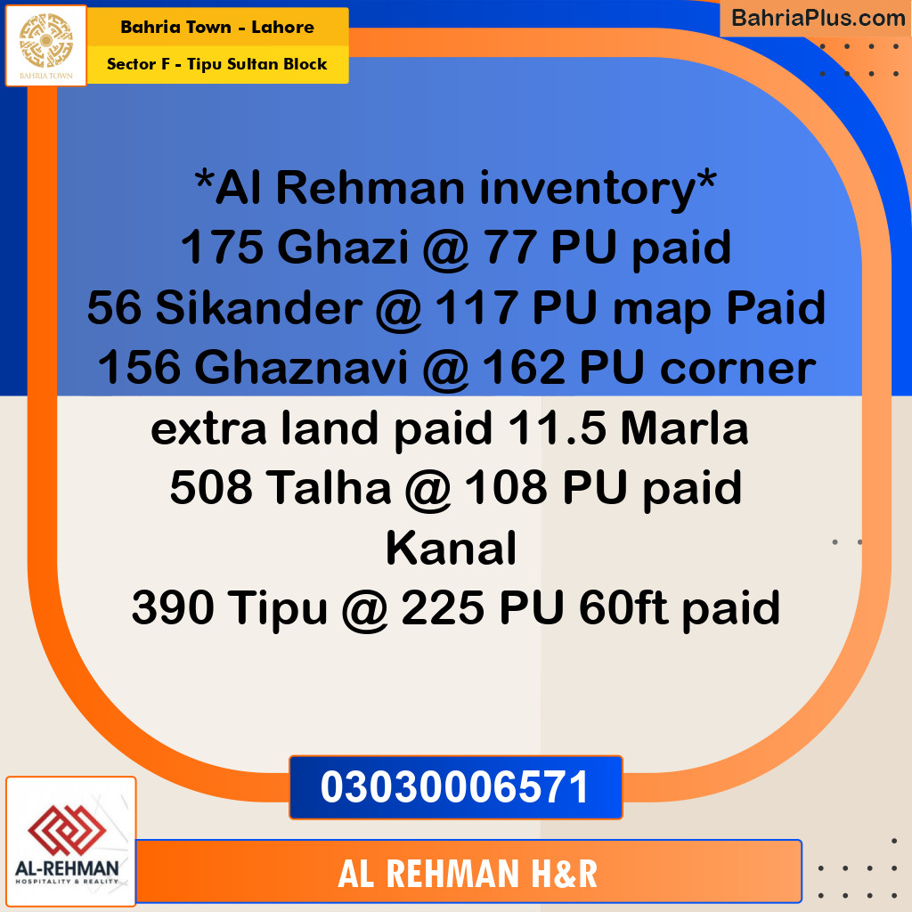 Residential Plot for Sale in Sector F - Tipu Sultan Block -  Bahria Town, Lahore - (BP-162644)
