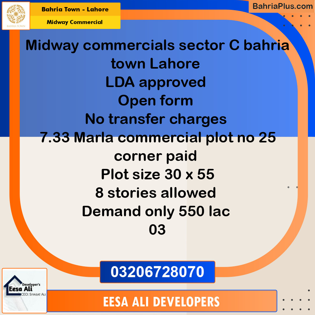 Commercial Plot for Sale in Midway Commercial -  Bahria Town, Lahore - (BP-162754)