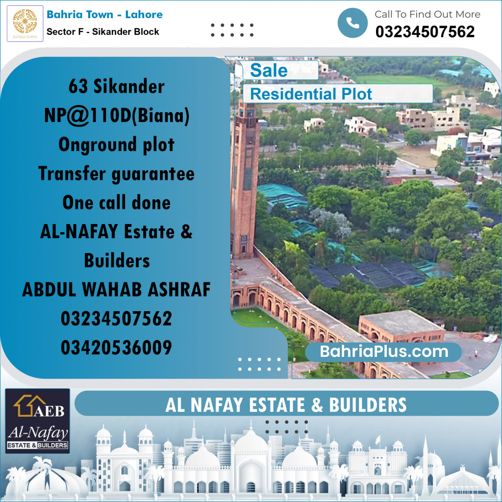 Residential Plot for Sale in Sector F - Sikander Block -  Bahria Town, Lahore - (BP-162986)