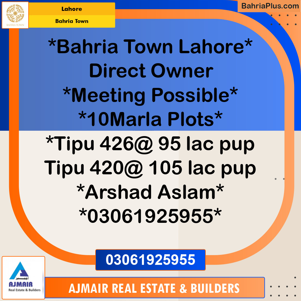 Residential Plot for Sale in Sector F - Tipu Sultan Block -  Bahria Town, Lahore - (BP-163083)