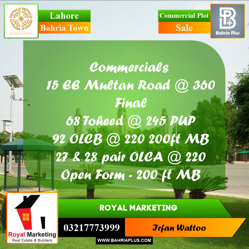 Commercial Plot for Sale in Sector D - EE Multan Block - Bahria Town, Lahore - (BP-163364)