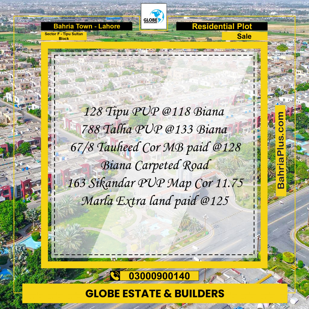 Residential Plot for Sale in Sector F - Tipu Sultan Block -  Bahria Town, Lahore - (BP-163399)