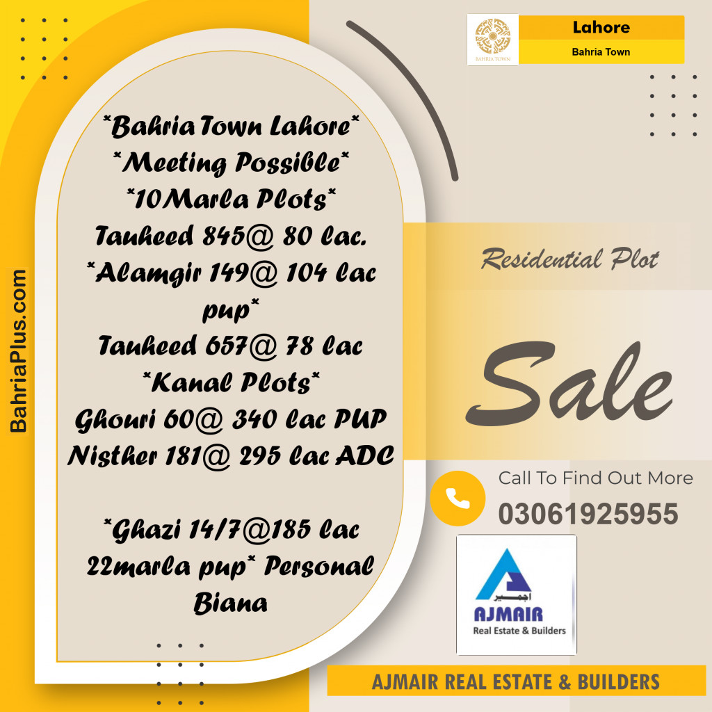 Residential Plot for Sale in Bahria Town, Lahore - (BP-163445)