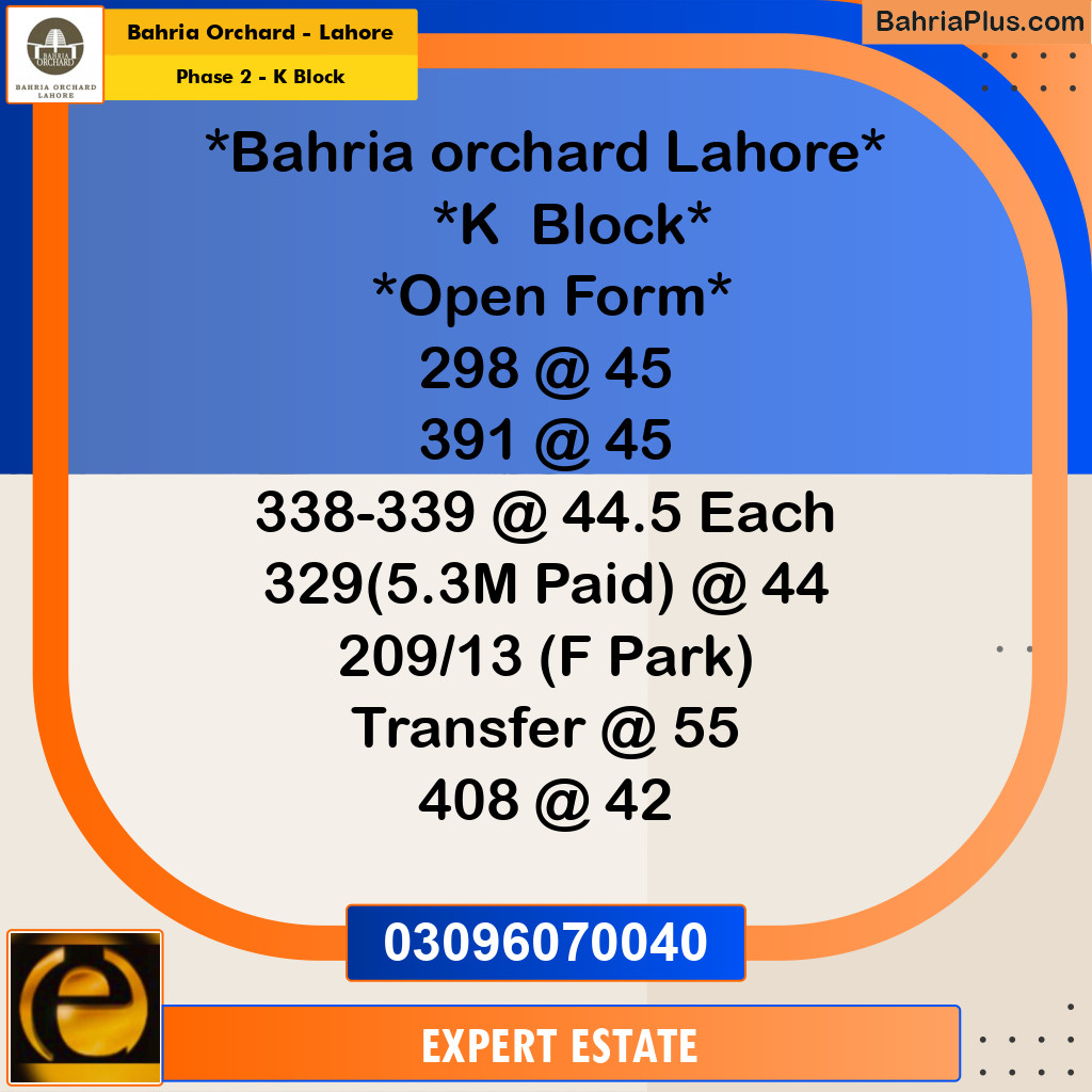 Residential Plot for Sale in Phase 2 - K Block -  Bahria Orchard, Lahore - (BP-163470)