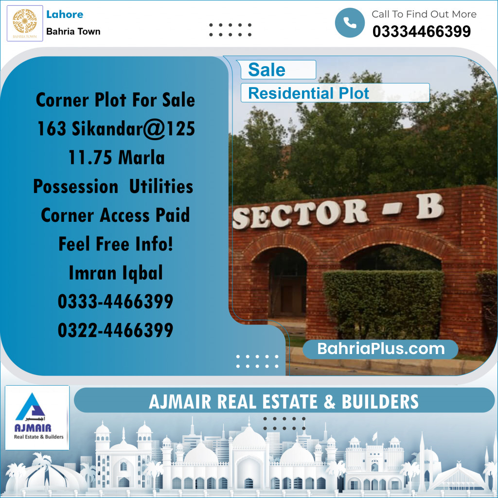 Residential Plot for Sale in Sector F - Sikander Block -  Bahria Town, Lahore - (BP-163508)