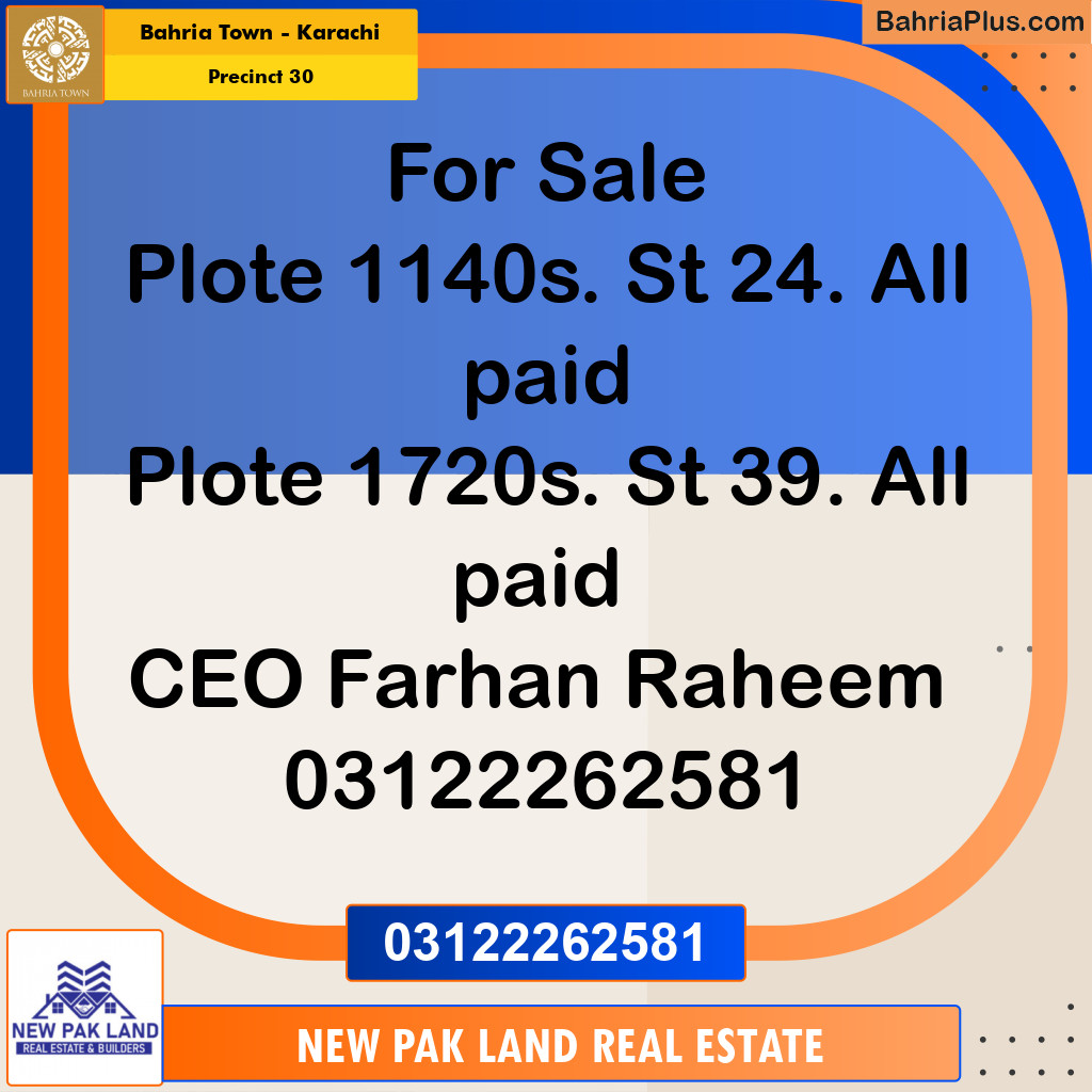 250 Sq. Yards Residential Plot for Sale in Precinct 30 -  Bahria Town, Karachi - (BP-163575)