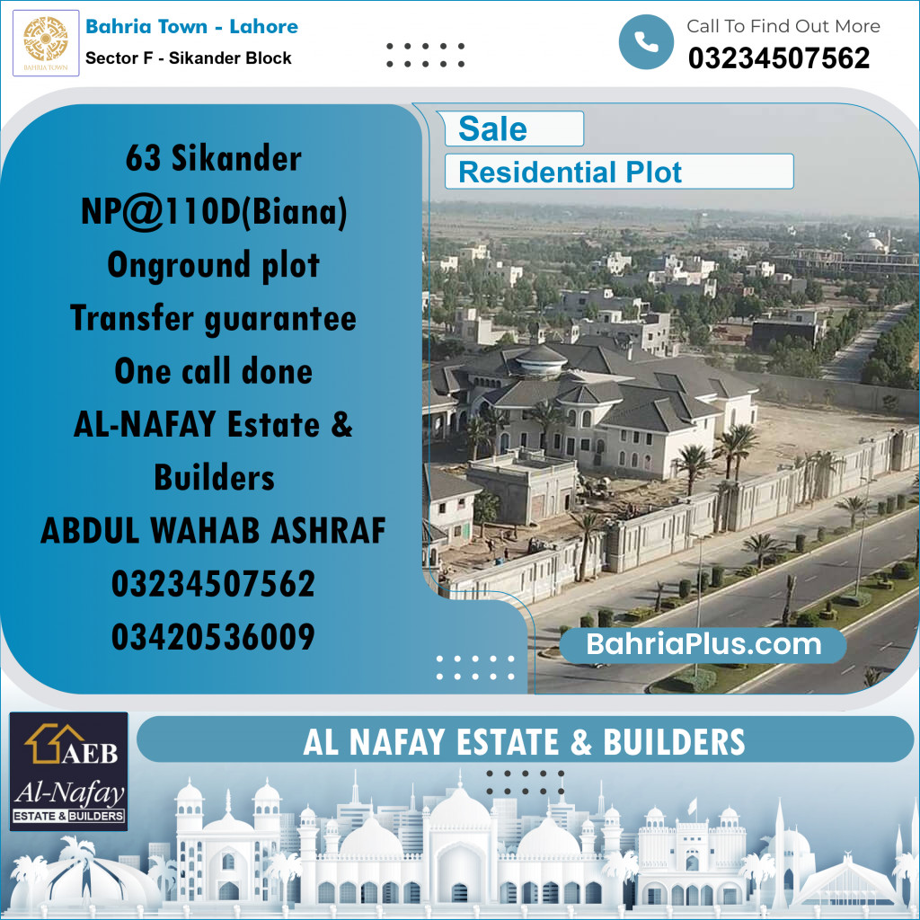 Residential Plot for Sale in Sector F - Sikander Block -  Bahria Town, Lahore - (BP-163579)