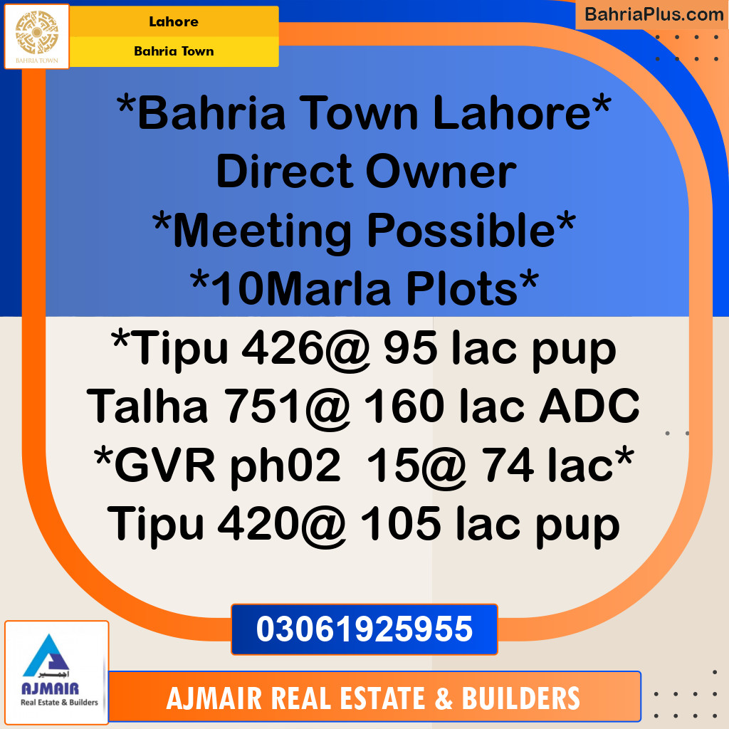 Residential Plot for Sale in Sector F - Tipu Sultan Block -  Bahria Town, Lahore - (BP-163675)