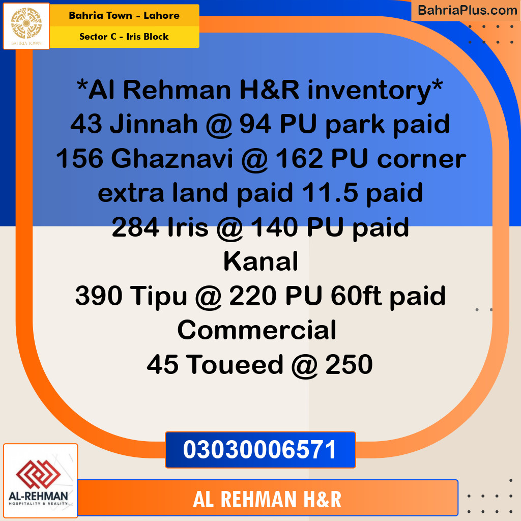 Residential Plot for Sale in Sector C - Iris Block -  Bahria Town, Lahore - (BP-163805)