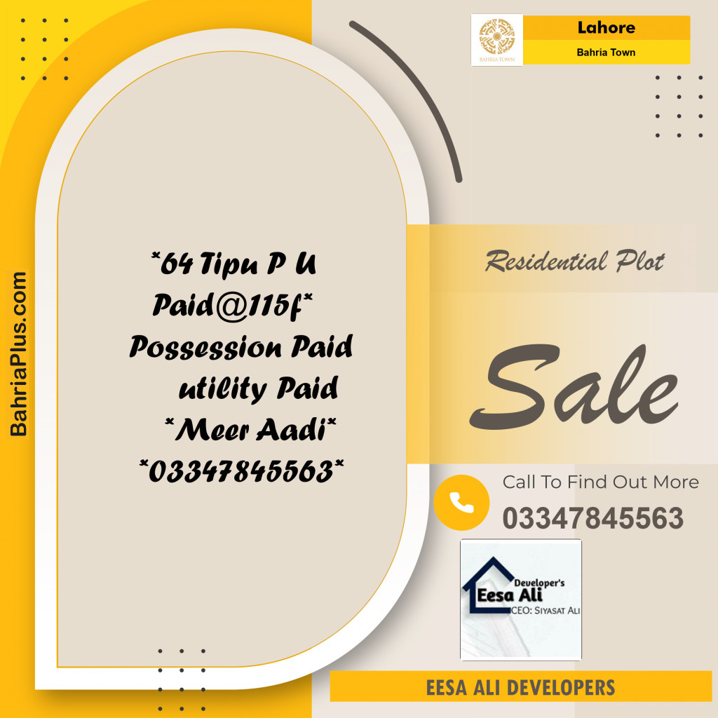 Residential Plot for Sale in Sector F - Tipu Sultan Block -  Bahria Town, Lahore - (BP-163918)