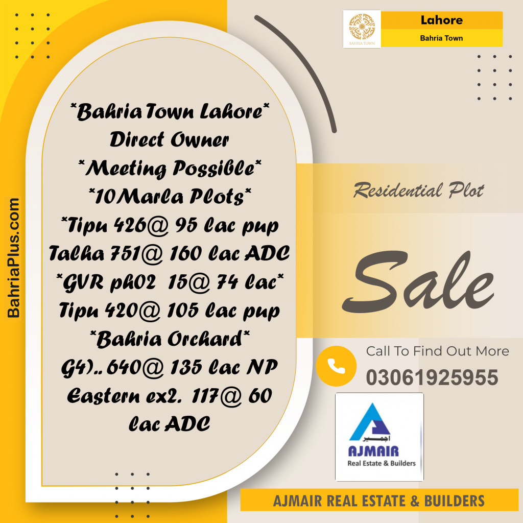 Residential Plot for Sale in Sector F - Tipu Sultan Block -  Bahria Town, Lahore - (BP-163962)