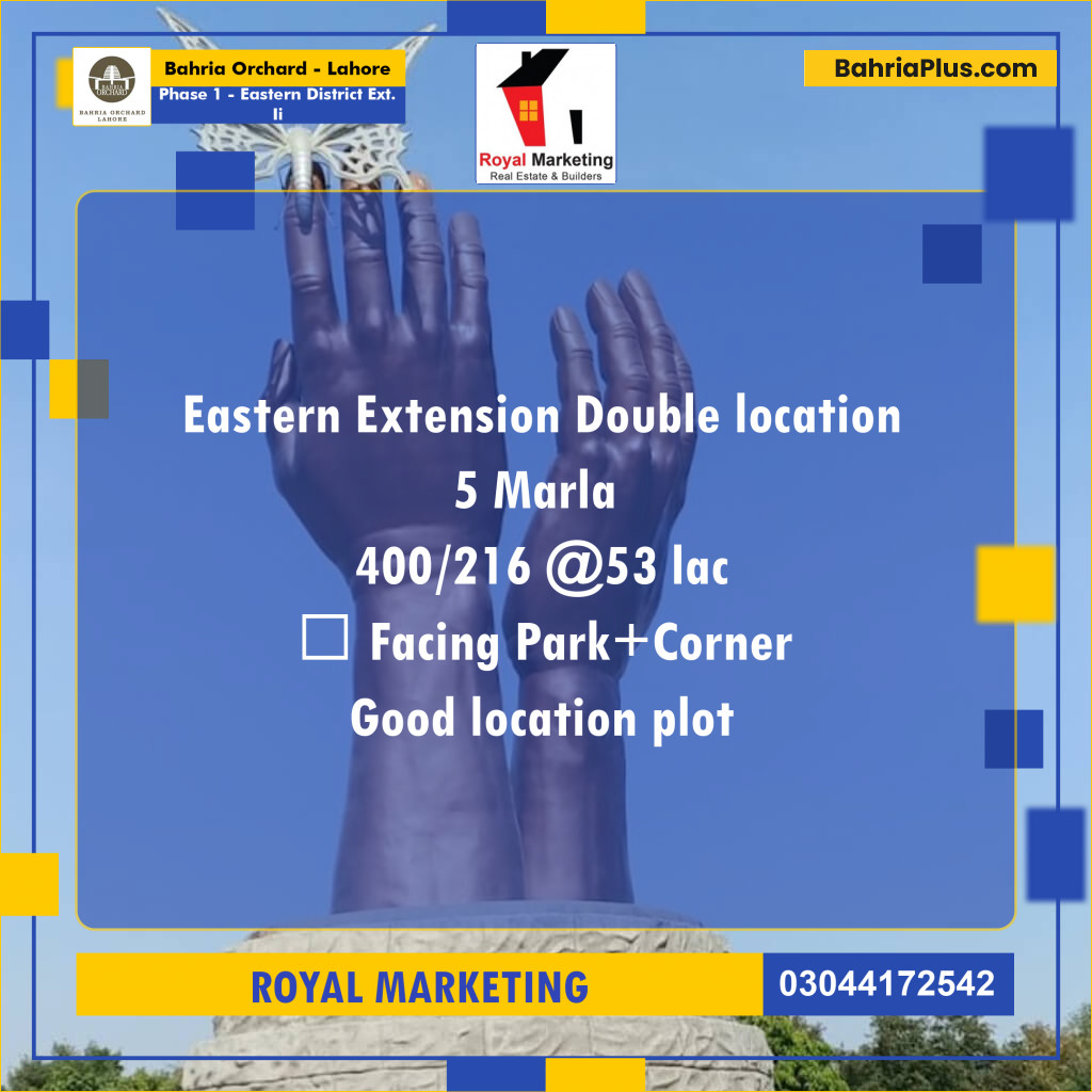 Residential Plot for Sale in Phase 1 - Eastern District Ext. II -  Bahria Orchard, Lahore - (BP-164003)