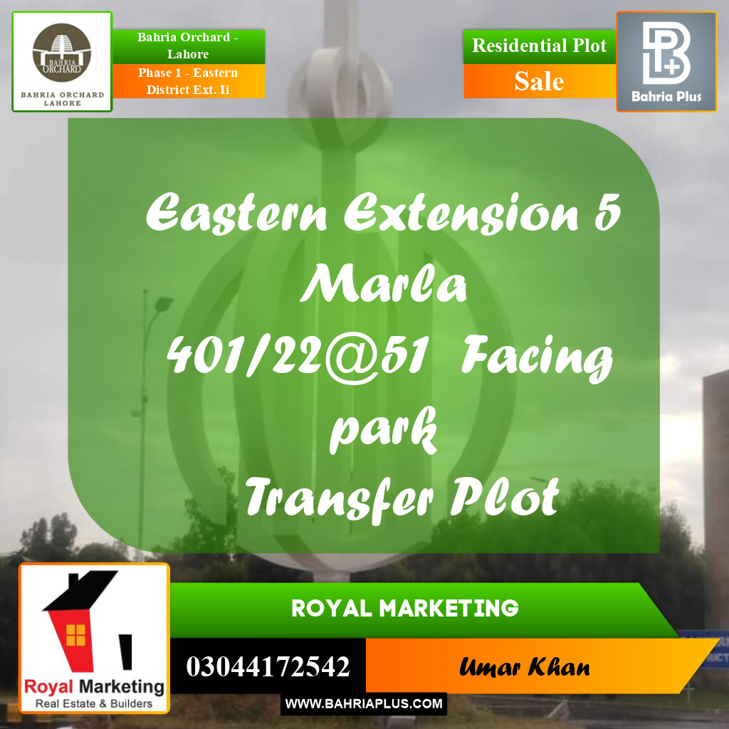 Residential Plot for Sale in Phase 1 - Eastern District Ext. II -  Bahria Orchard, Lahore - (BP-164289)